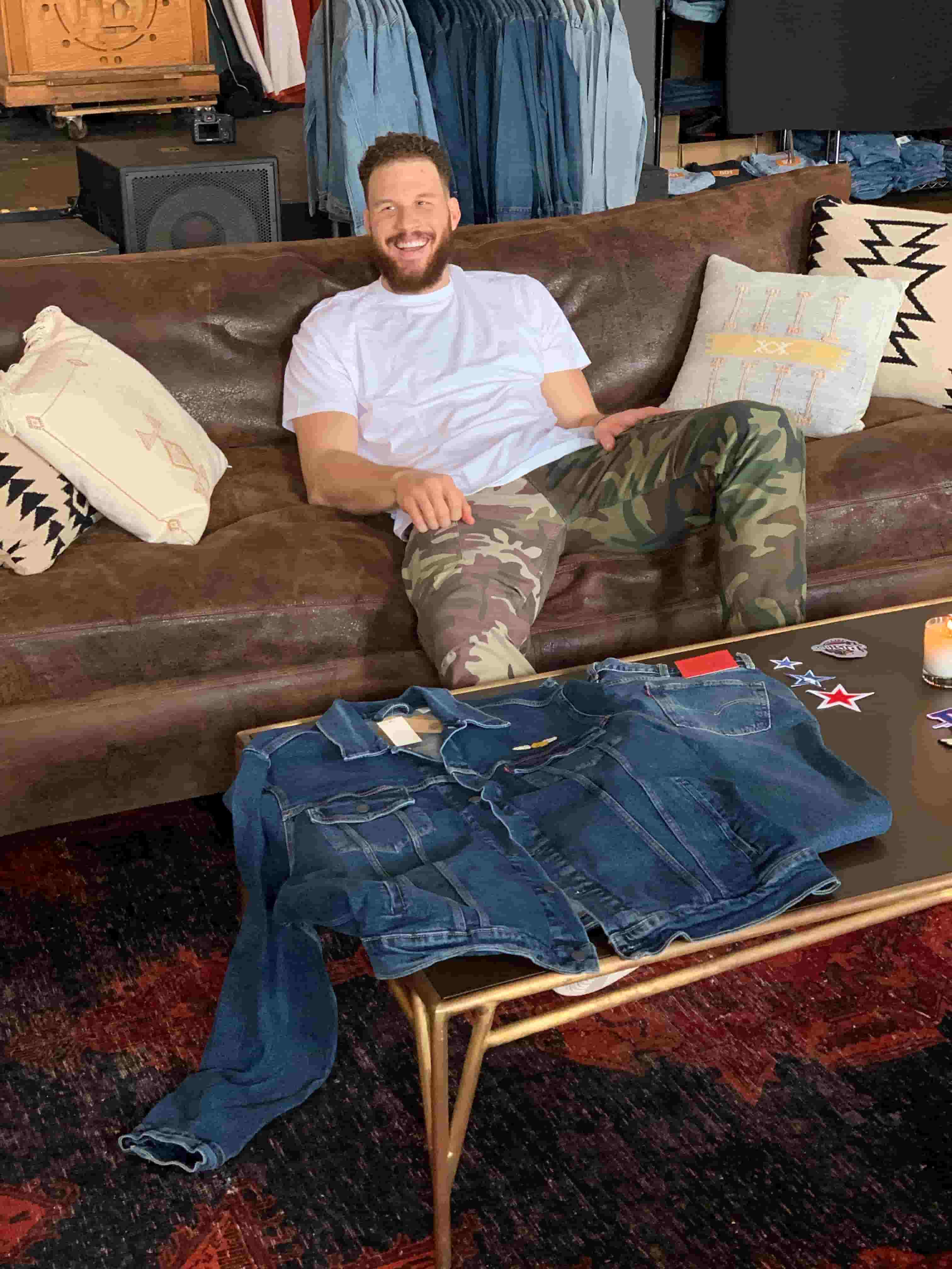 Blake Griffin posing on couch with Levi's